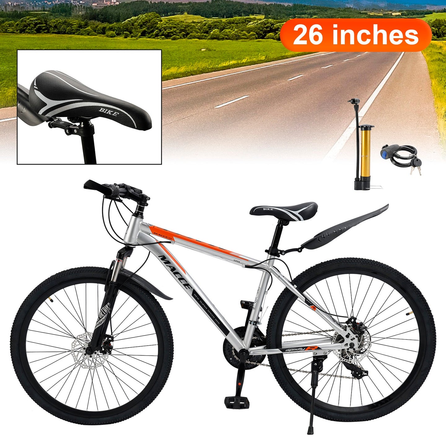 26 inch 27 Speed Disc Brake MTB Adult w/ Cup Holder Fender Silver (Copy)