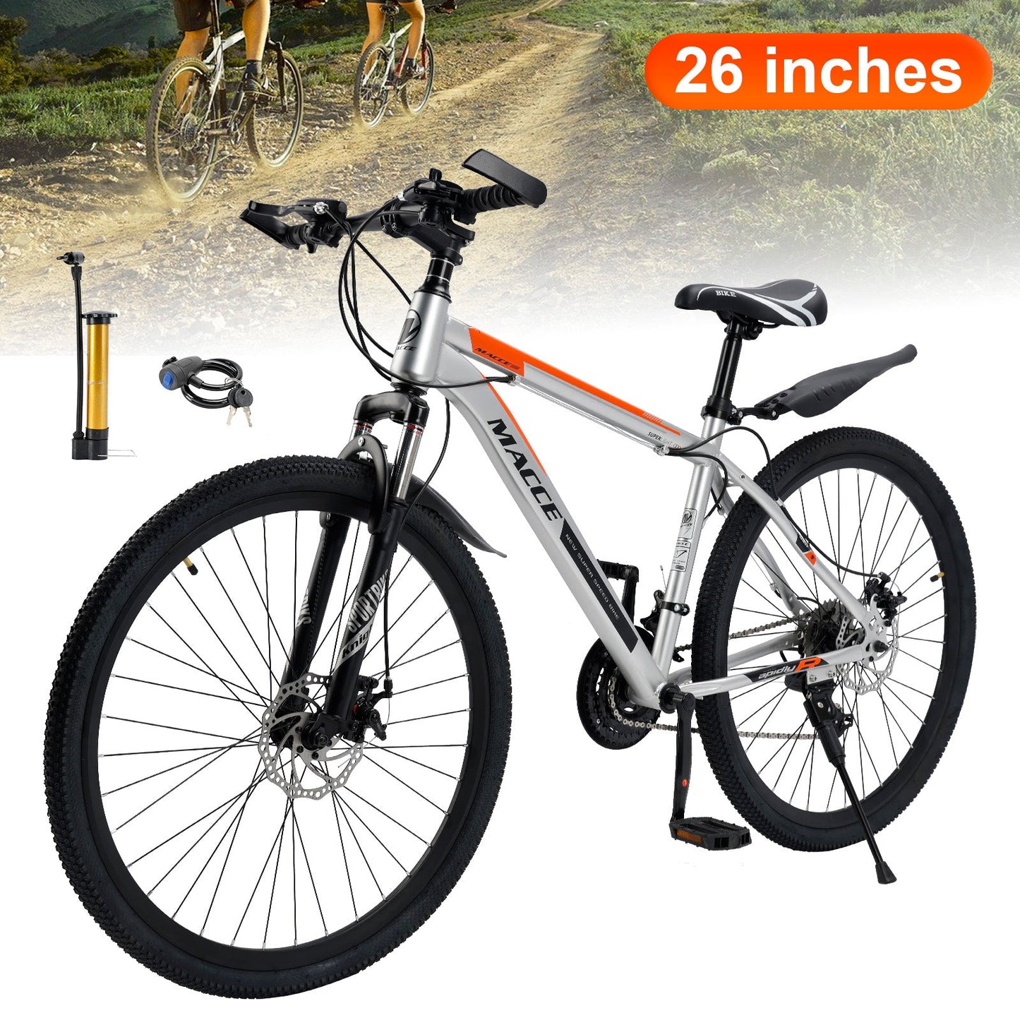 26 inch 27 Speed Disc Brake MTB Adult w/ Cup Holder Fender Silver