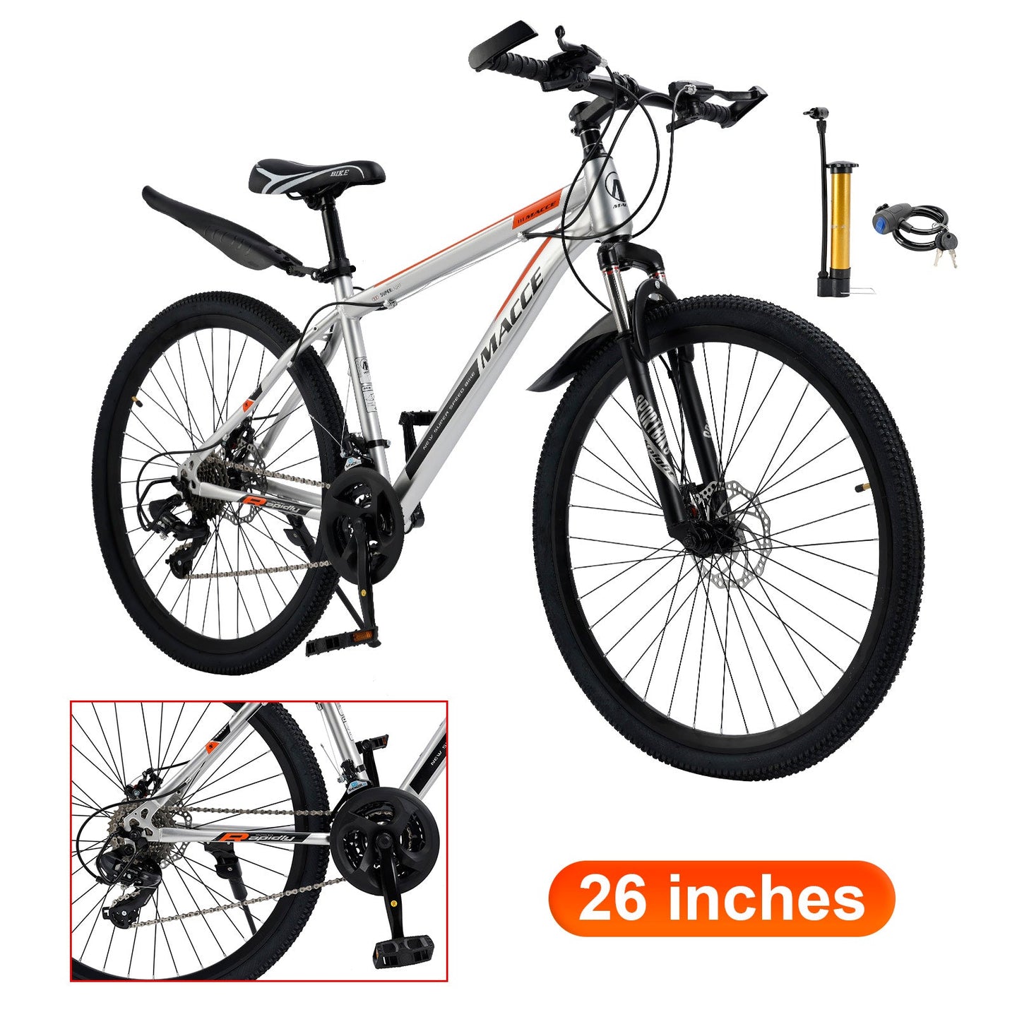 26 inch 27 Speed Disc Brake MTB Adult w/ Cup Holder Fender Silver (Copy)