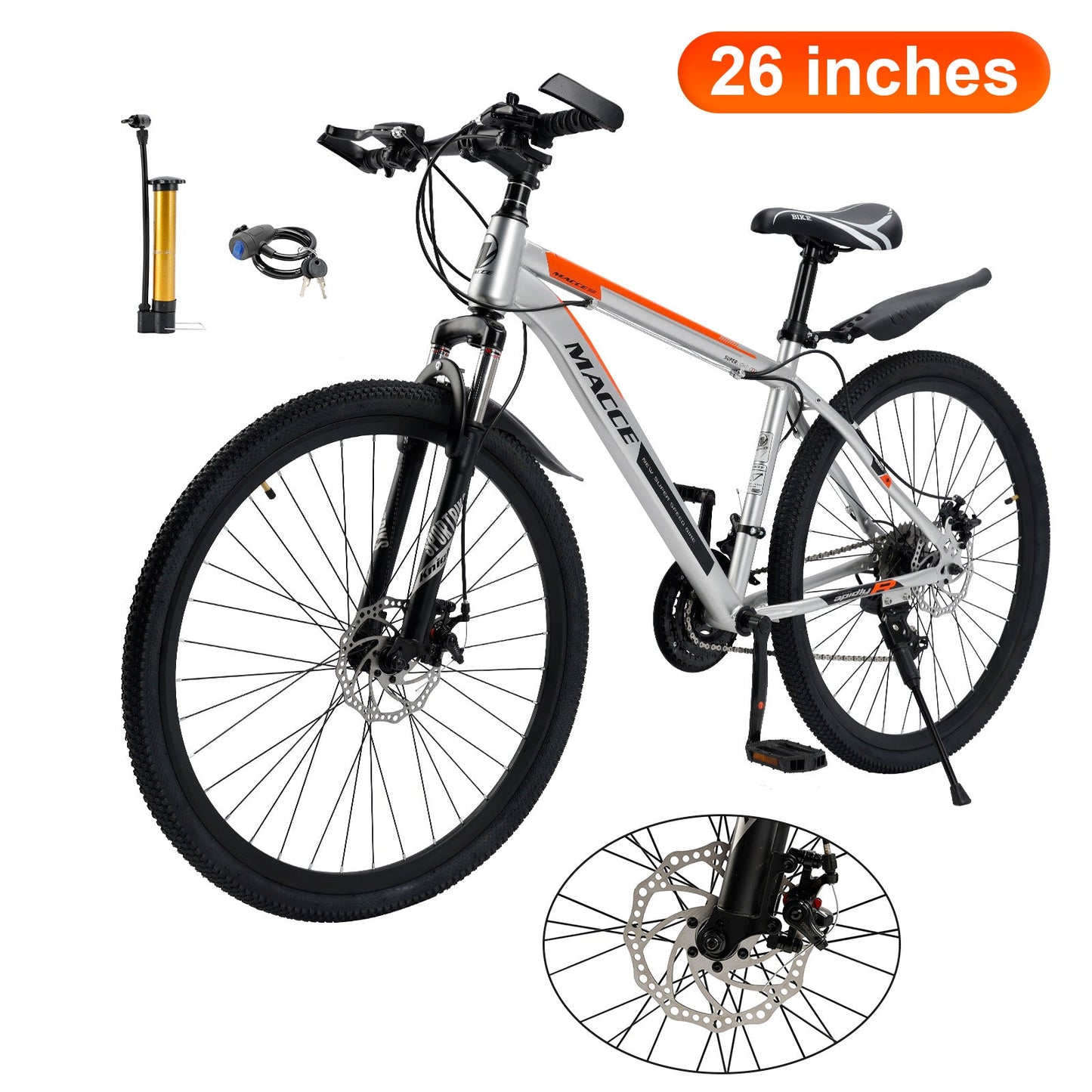 26 inch 27 Speed Disc Brake MTB Adult w/ Cup Holder Fender Silver