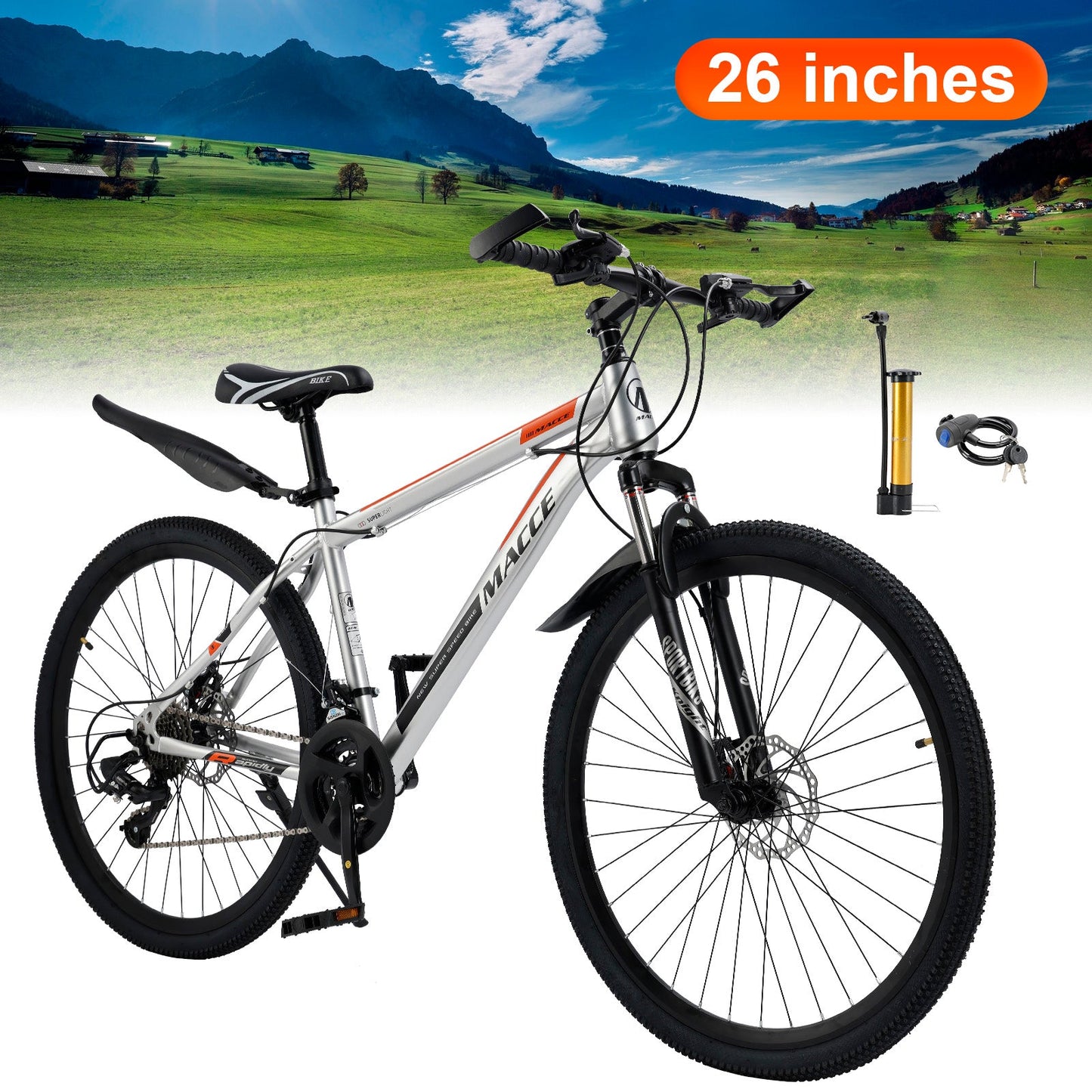 26 inch 27 Speed Disc Brake MTB Adult w/ Cup Holder Fender Silver