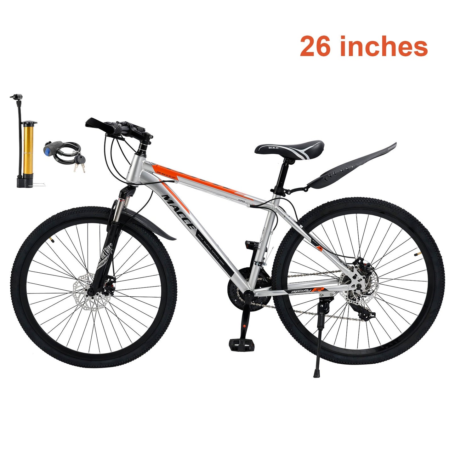 26 inch 27 Speed Disc Brake MTB Adult w/ Cup Holder Fender Silver