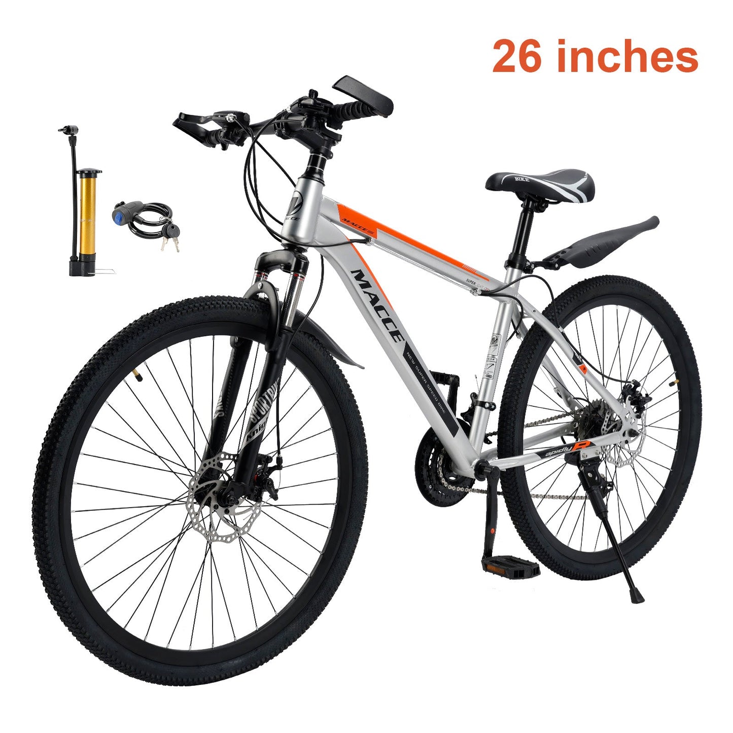 26 inch 27 Speed Disc Brake MTB Adult w/ Cup Holder Fender Silver