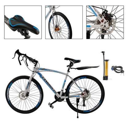 26inch 27-Speed White-Blue Road Bike with Suspension & Disc Brakes