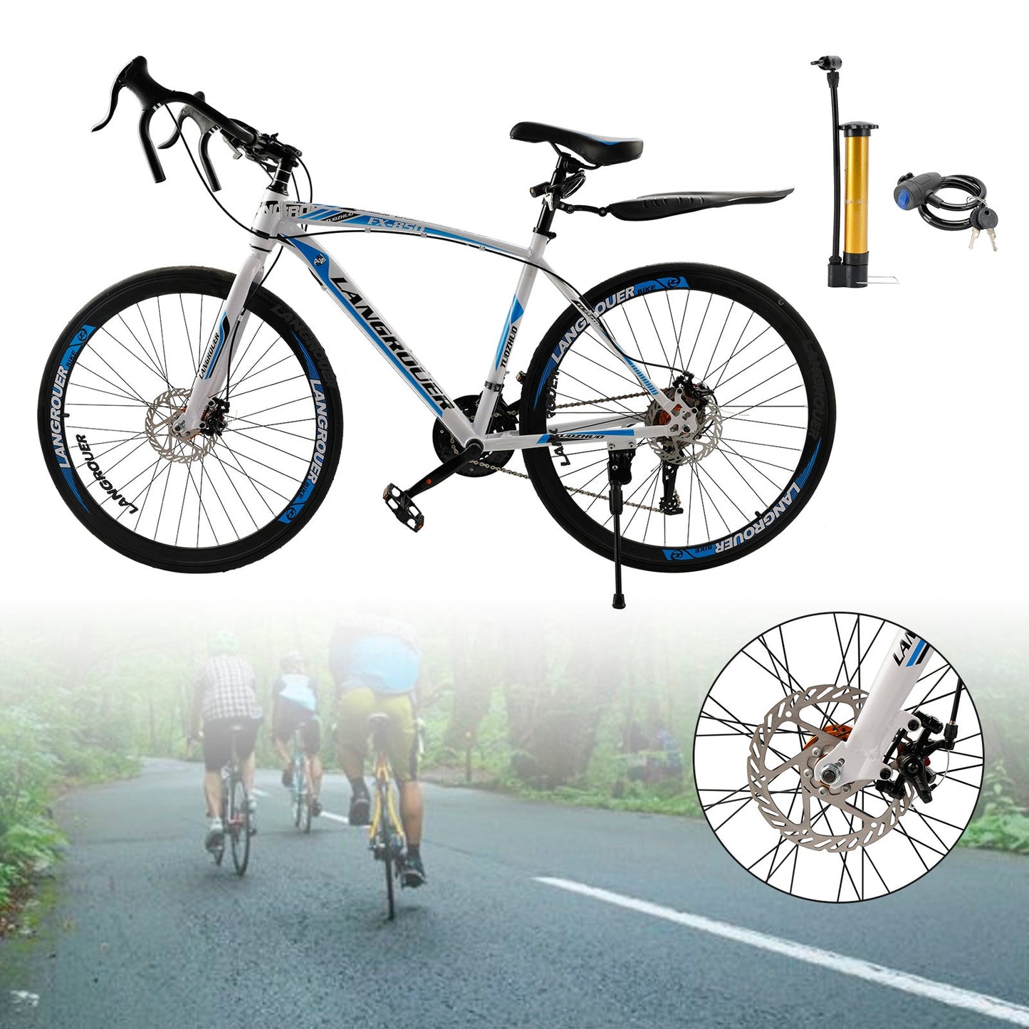 26inch 27-Speed White-Blue Road Bike with Suspension & Disc Brakes