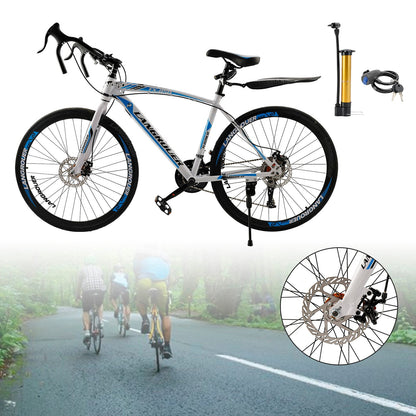26inch 27-Speed White-Blue Road Bike with Suspension & Disc Brakes