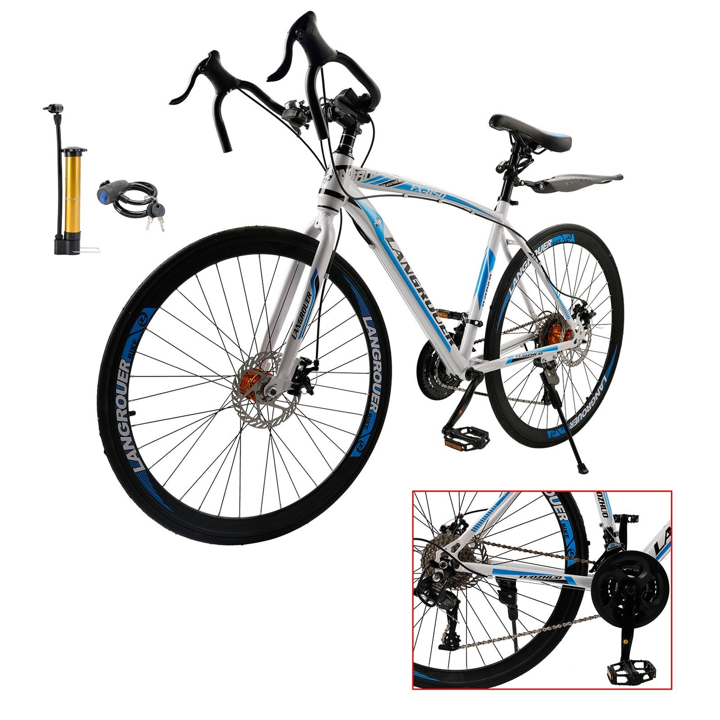 26inch 27-Speed White-Blue Road Bike with Suspension & Disc Brakes