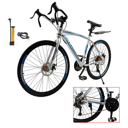 26inch 27-Speed White-Blue Road Bike with Suspension & Disc Brakes