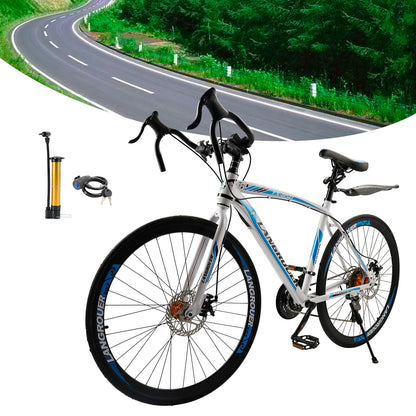 26inch 27-Speed White-Blue Road Bike with Suspension & Disc Brakes