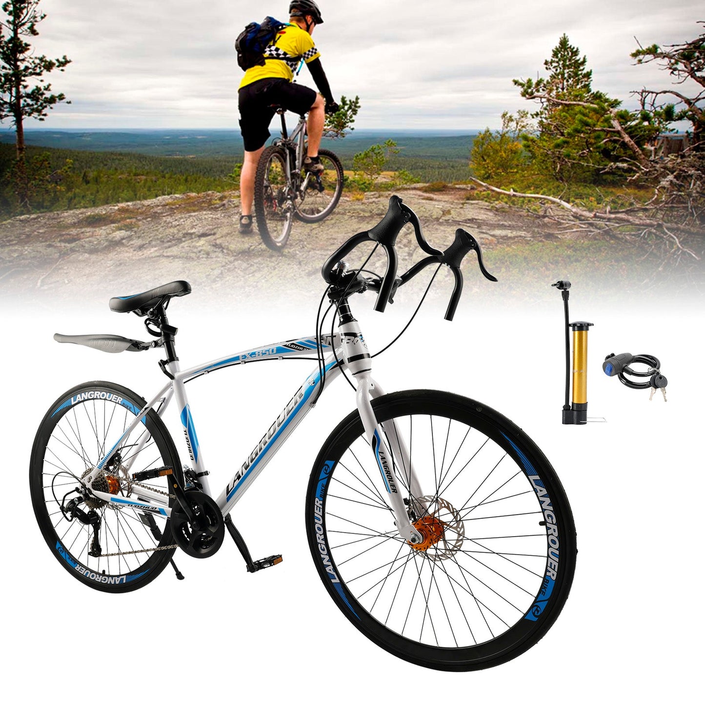 26inch 27-Speed White-Blue Road Bike with Suspension & Disc Brakes