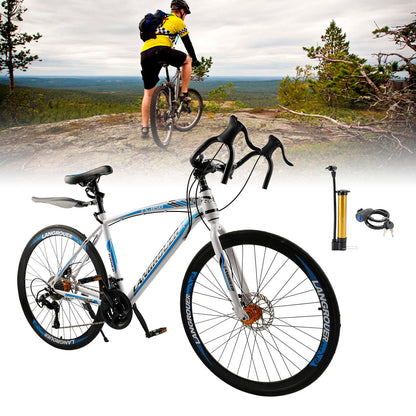 26inch 27-Speed White-Blue Road Bike with Suspension & Disc Brakes