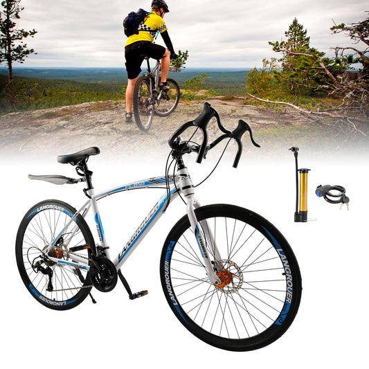 26inch 27-Speed White-Blue Road Bike with Suspension & Disc Brakes