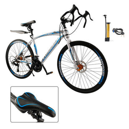 26inch 27-Speed White-Blue Road Bike with Suspension & Disc Brakes