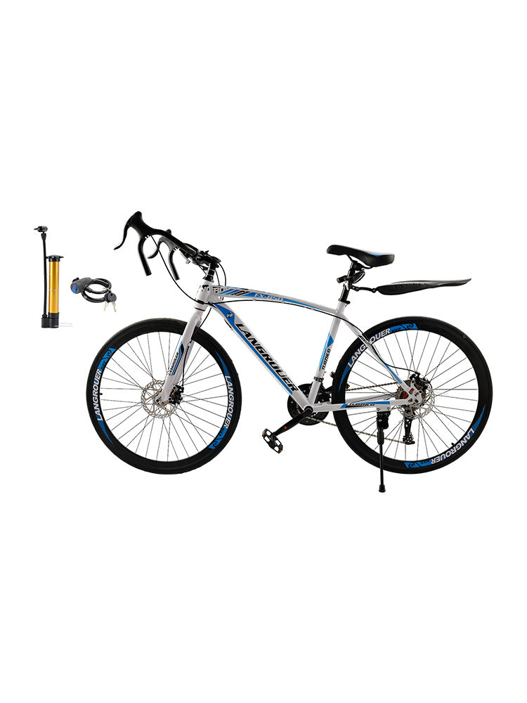 26inch 27-Speed White-Blue Road Bike with Suspension & Disc Brakes