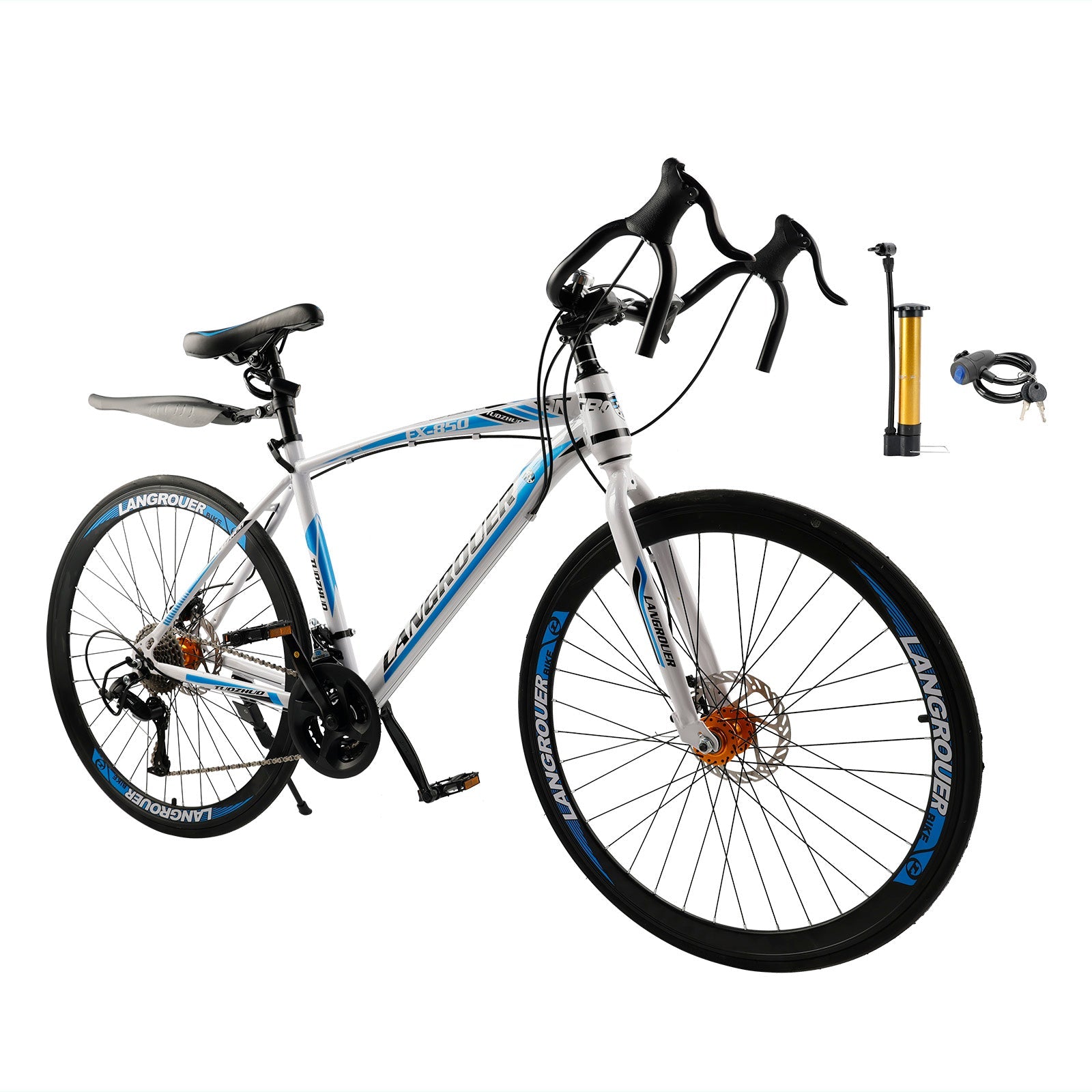 26inch 27-Speed White-Blue Road Bike with Suspension & Disc Brakes