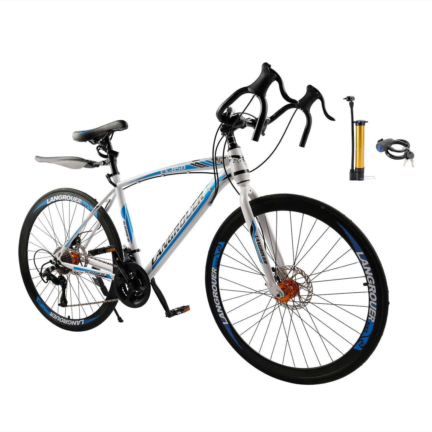 26inch 27-Speed White-Blue Road Bike with Suspension & Disc Brakes