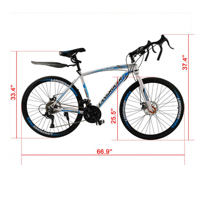 26inch 27-Speed White-Blue Road Bike with Suspension & Disc Brakes