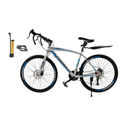 26inch 27-Speed White-Blue Road Bike with Suspension & Disc Brakes