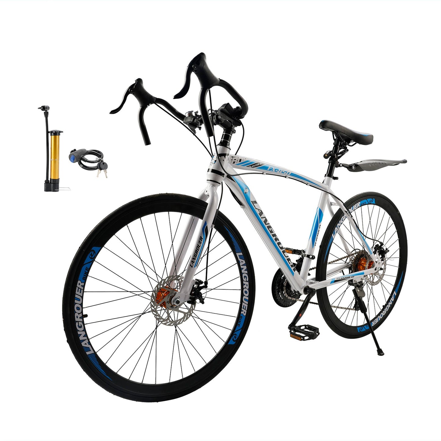 26inch 27-Speed White-Blue Road Bike with Suspension & Disc Brakes