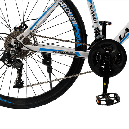26inch 27-Speed White-Blue Road Bike with Suspension & Disc Brakes