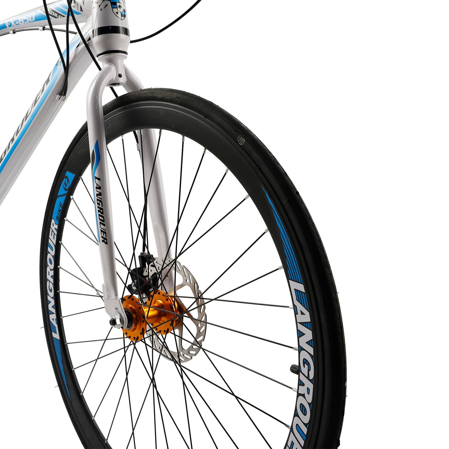 26inch 27-Speed White-Blue Road Bike with Suspension & Disc Brakes