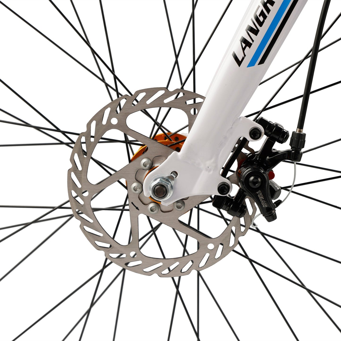 26inch 27-Speed White-Blue Road Bike with Suspension & Disc Brakes