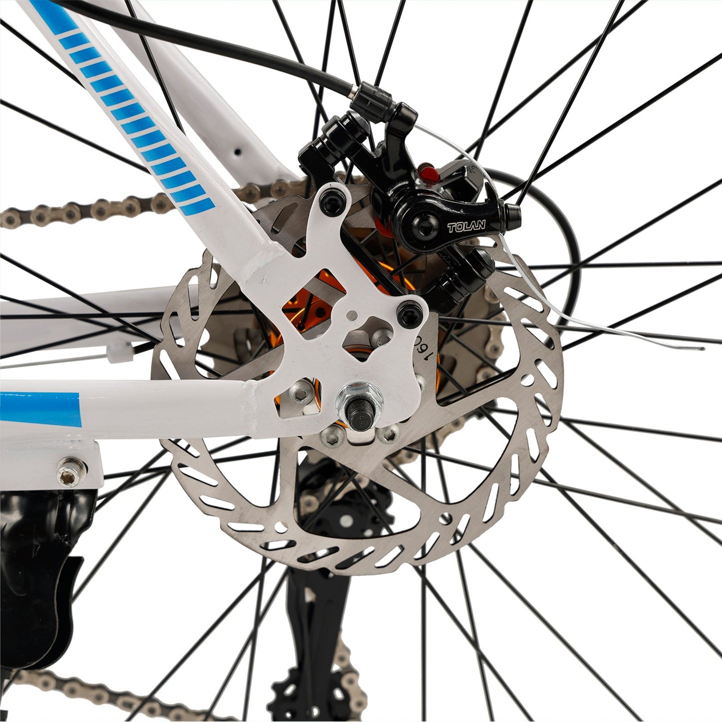 26inch 27-Speed White-Blue Road Bike with Suspension & Disc Brakes