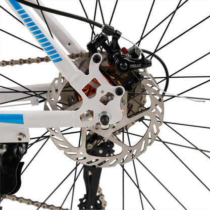 26inch 27-Speed White-Blue Road Bike with Suspension & Disc Brakes