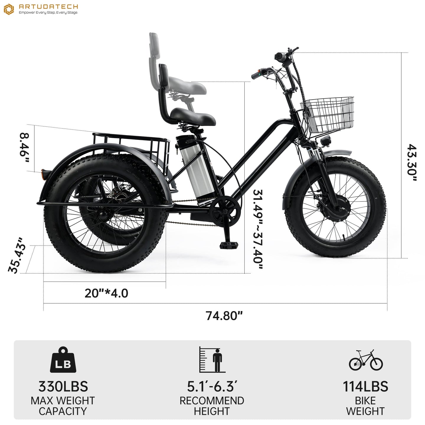 3 Wheel E-Bike Snow Fat Tire Tricycle 500W 48V 13A