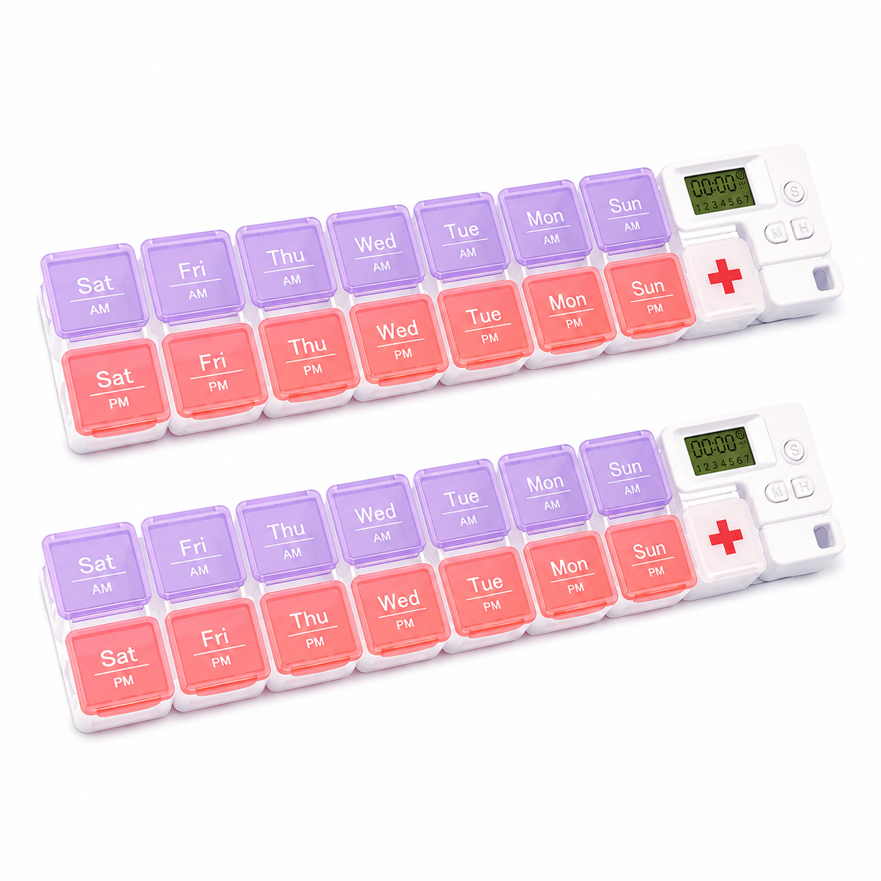 14-Compartment Pill Organizer with 4 Daily Reminder Alarms