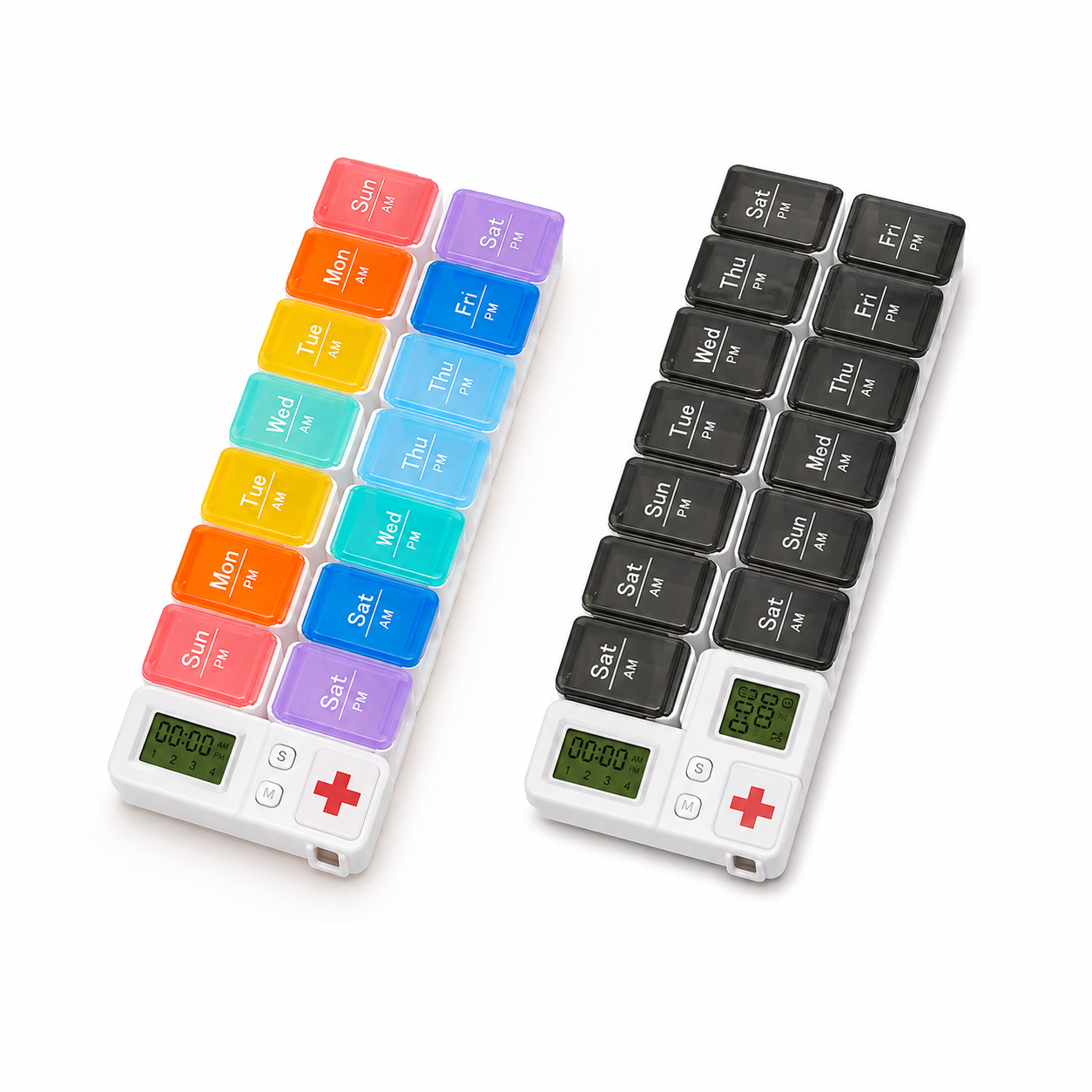 14-Compartment Pill Organizer with 4 Daily Reminder Alarms