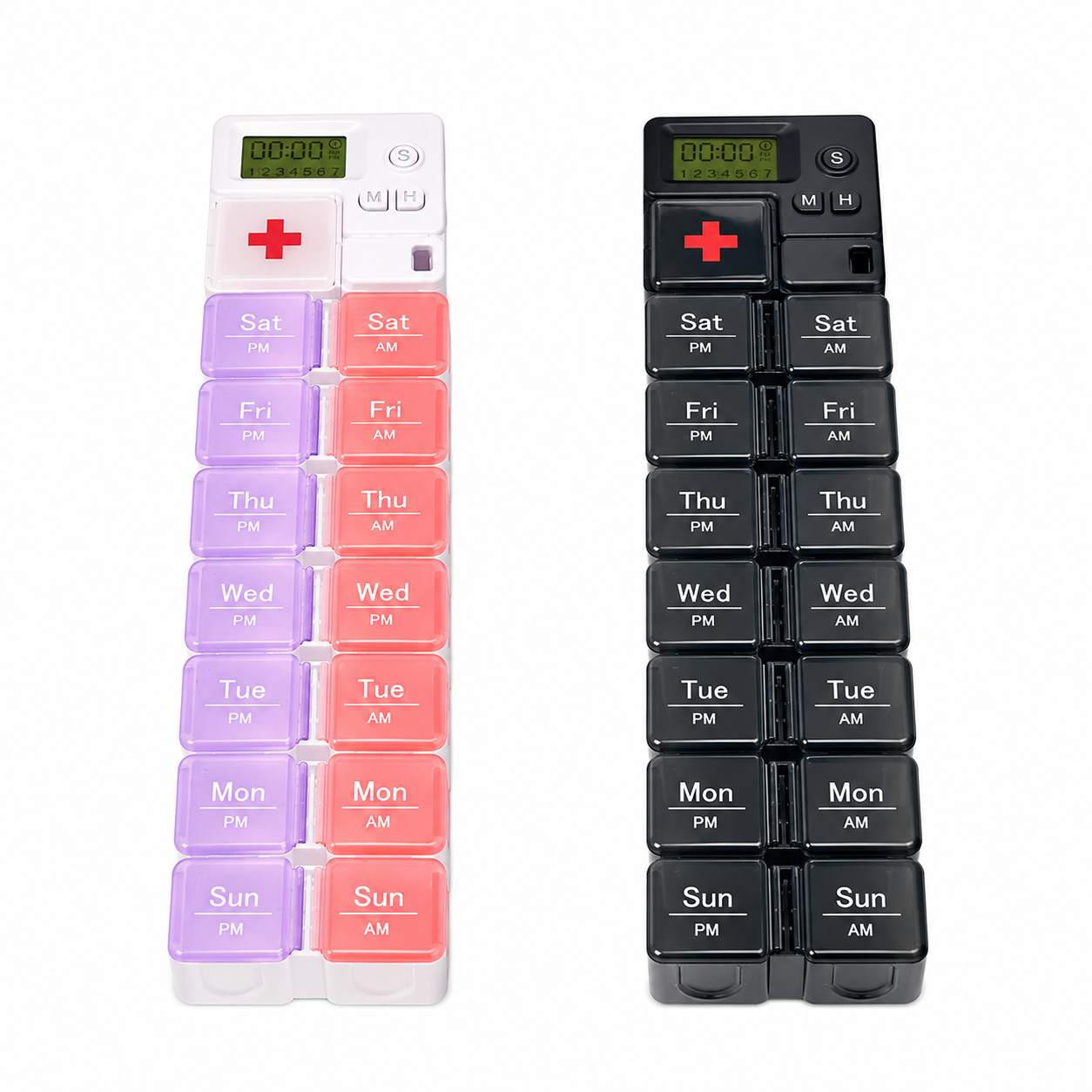 14-Compartment Pill Organizer with 4 Daily Reminder Alarms