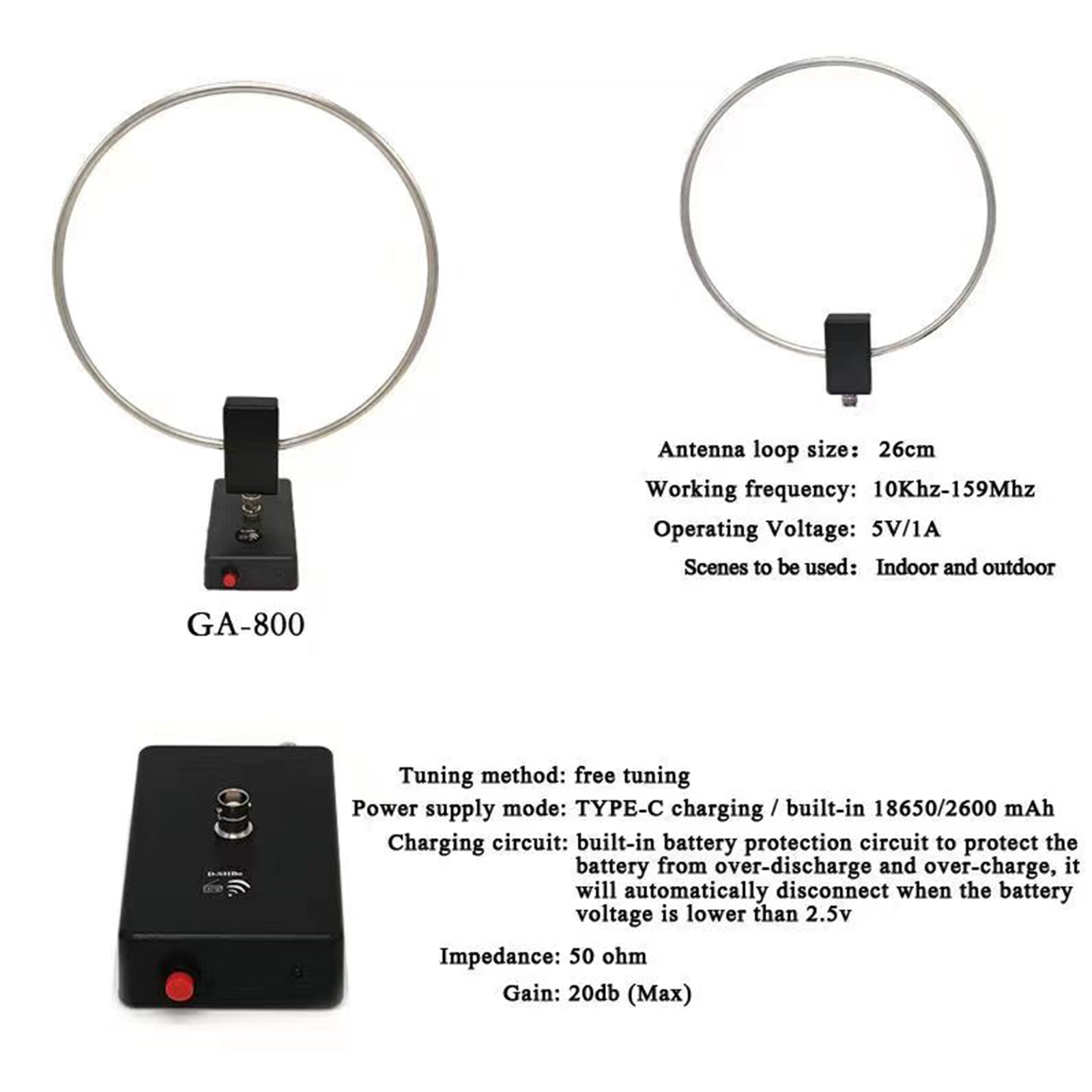 GA-800 Active Loop Antenna Shortwave Antenna 10KHz-159MHz HF Portable for Radios