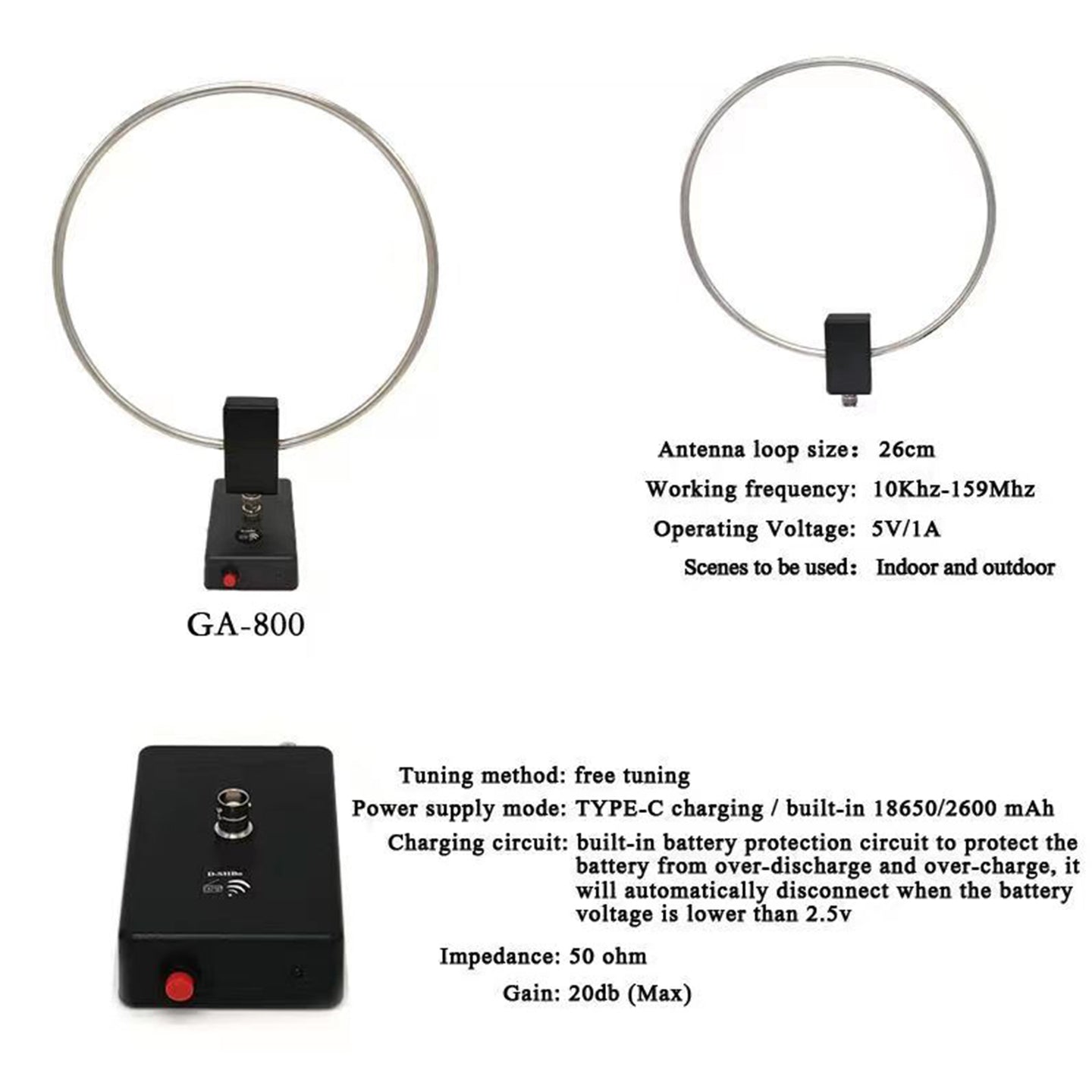 GA-800 Active Loop Antenna Shortwave Antenna 10KHz-159MHz HF Portable for Radios