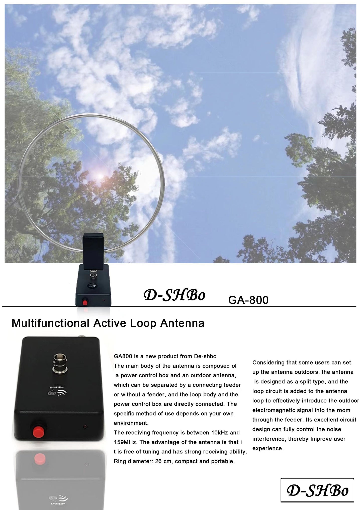 GA-800 Active Loop Antenna Shortwave Antenna 10KHz-159MHz HF Portable for Radios
