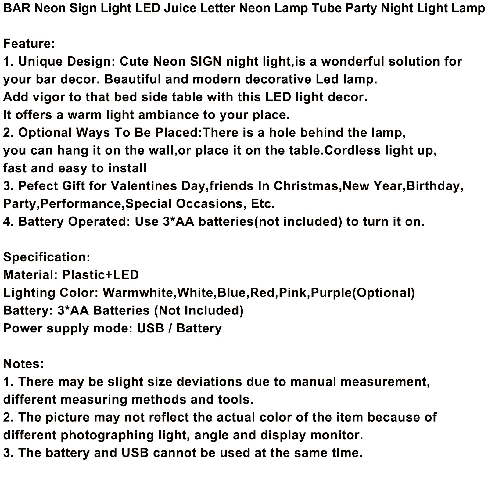 BAR Neon Sign Light LED Juice Letter Neon Lamp Tube Party Night Light Lamp, Purple