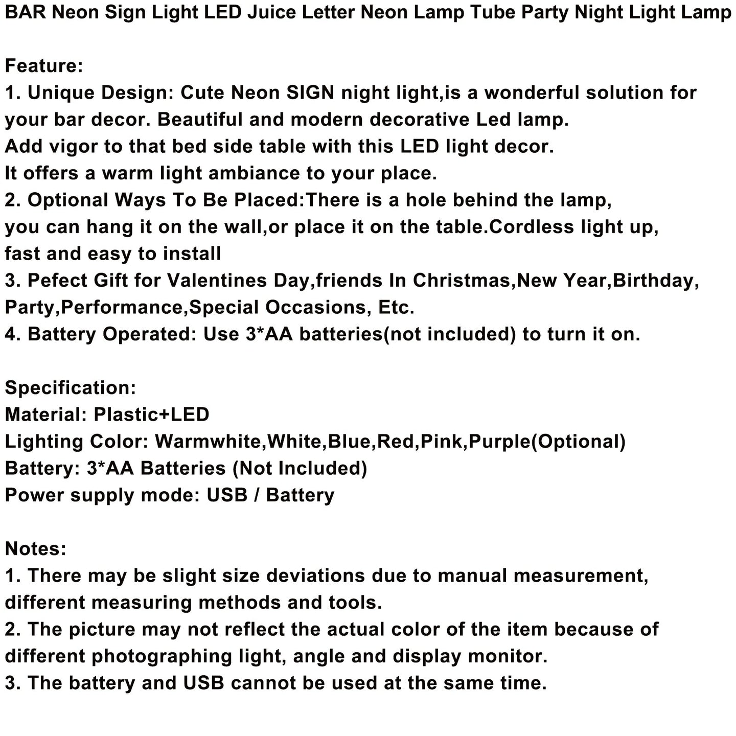 BAR Neon Sign Light LED Juice Letter Neon Lamp Tube Party Night Light Lamp, Purple