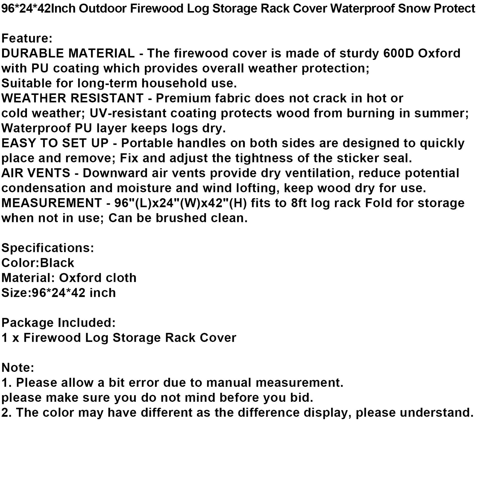8-Foot (96") Heavy-Duty Firewood Rack Cover, 600D Oxford Waterproof & UV-Resistant with Air Vents