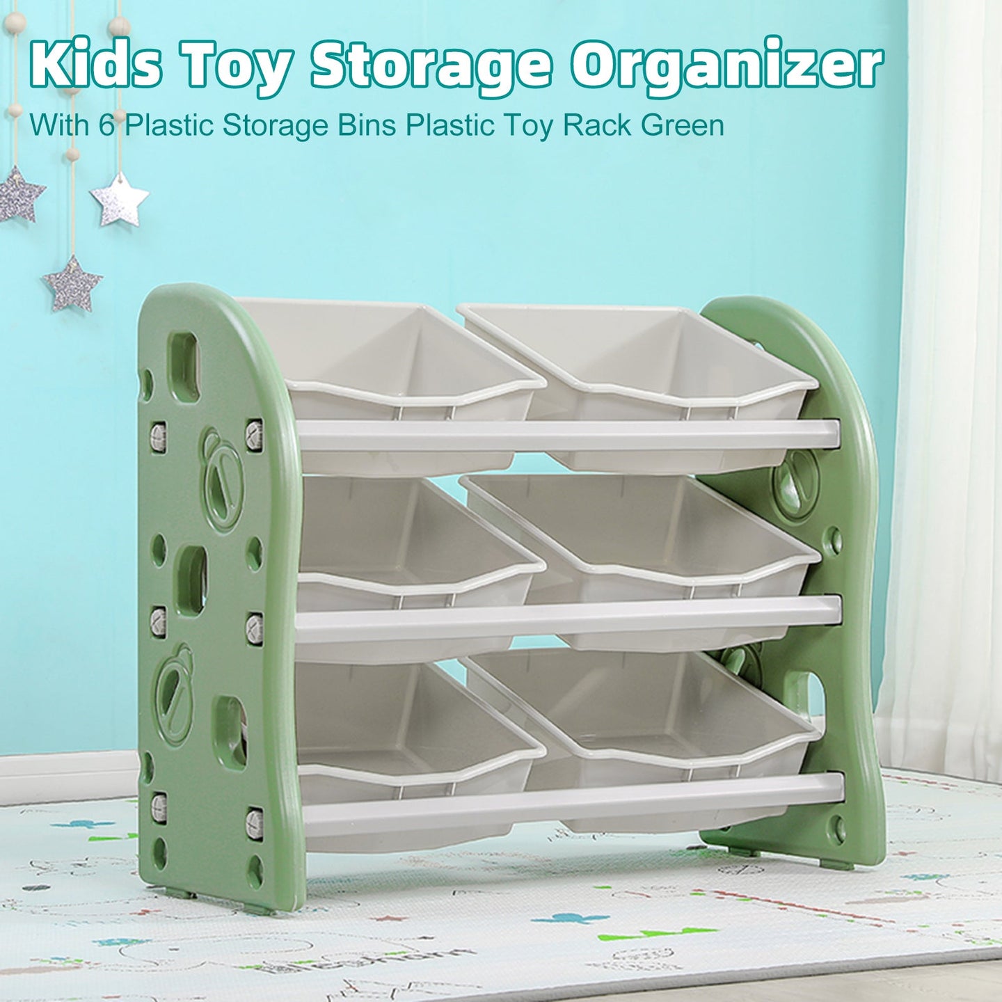 Kids Toy Storage Organizer With 6 Plastic Storage Bins Plastic Toy Rack Green