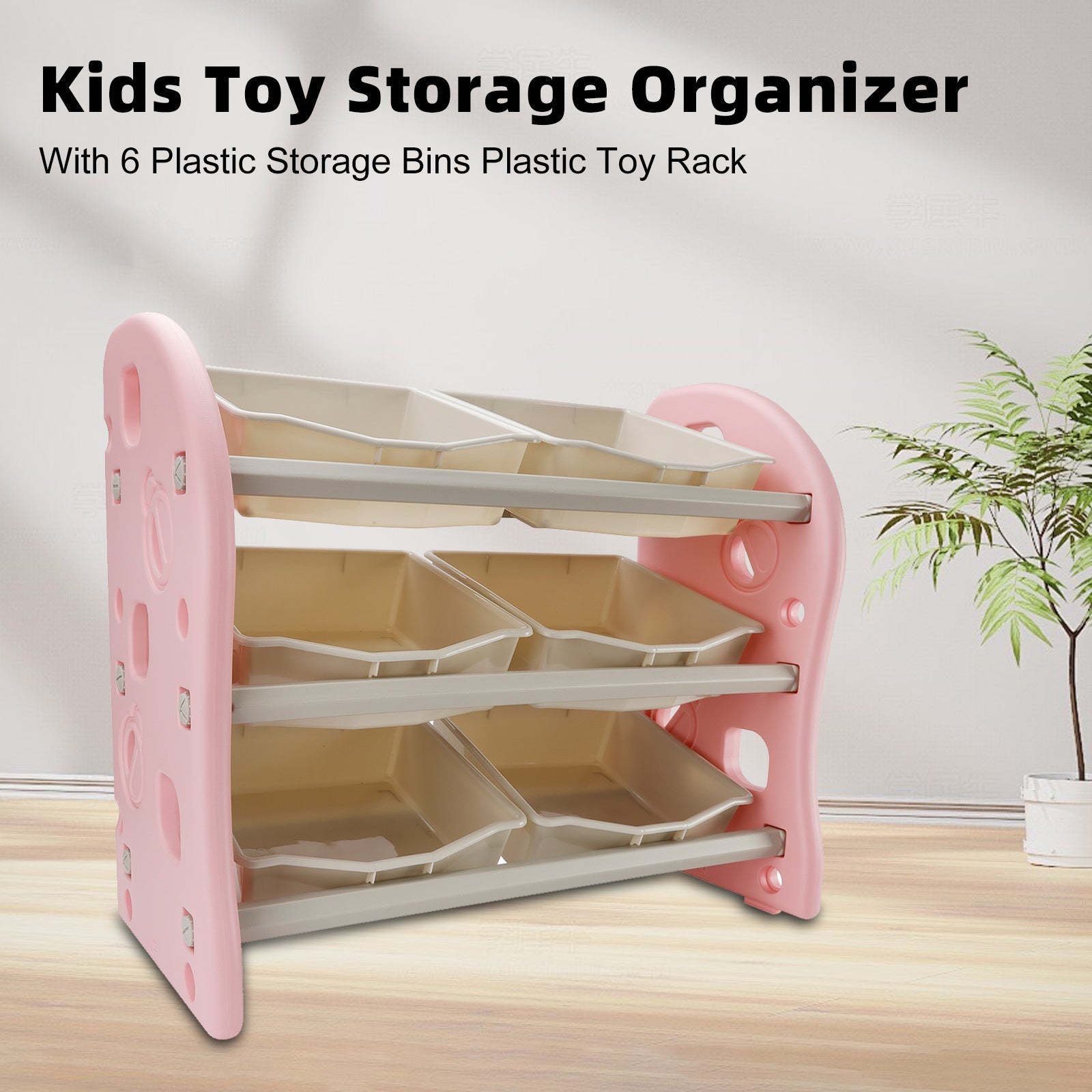 Kids Toy Storage Organizer With 6 Plastic Storage Bins Plastic Toy Rack Pink