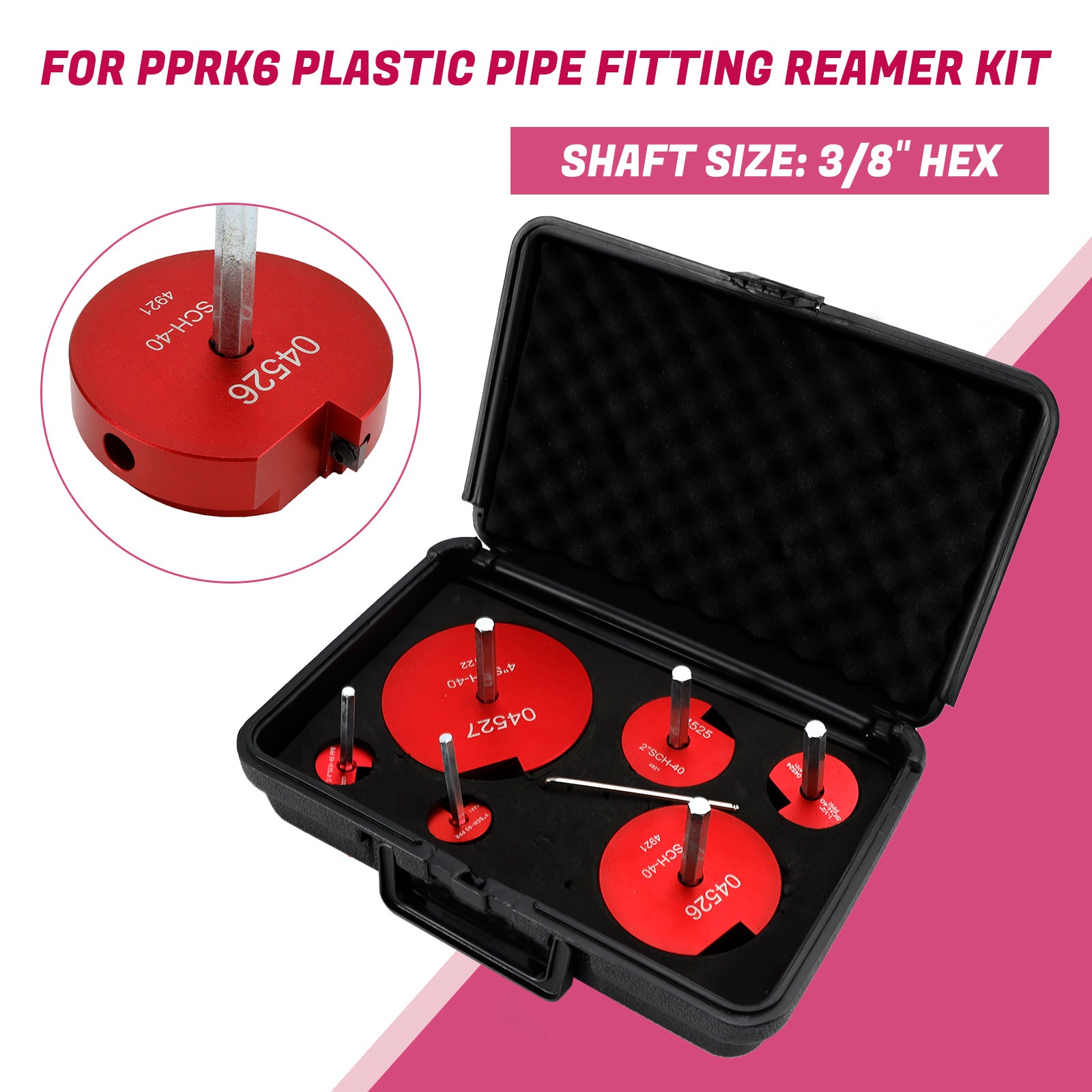 6-Piece Carbide Pipe Reamer Kit, Fitting Saver for PVC, CPVC & ABS Pipes, Fits 1/2" Drills, with Case