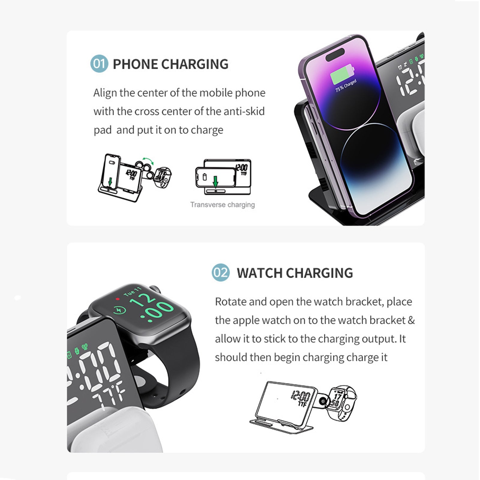 6-in-1 Wireless Charging Station for iPhone & Apple Watch - Nightstand Clock Dock