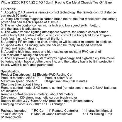 Wltoys 22206 RTR 1/22 2.4G 15km/h Racing Car Metal Chassis Toy Gift Blue