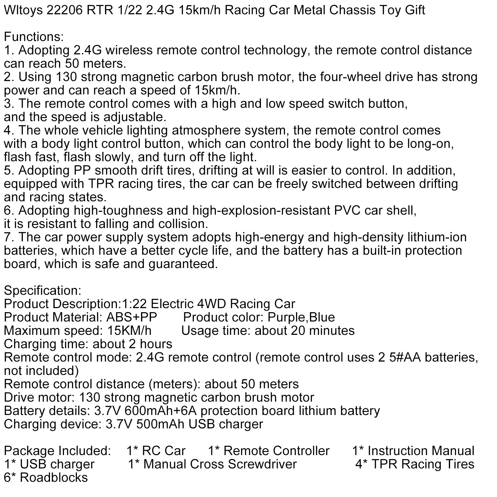 Wltoys 22206 RTR 1/22 2.4G 15km/h Racing Car Metal Chassis Toy Gift