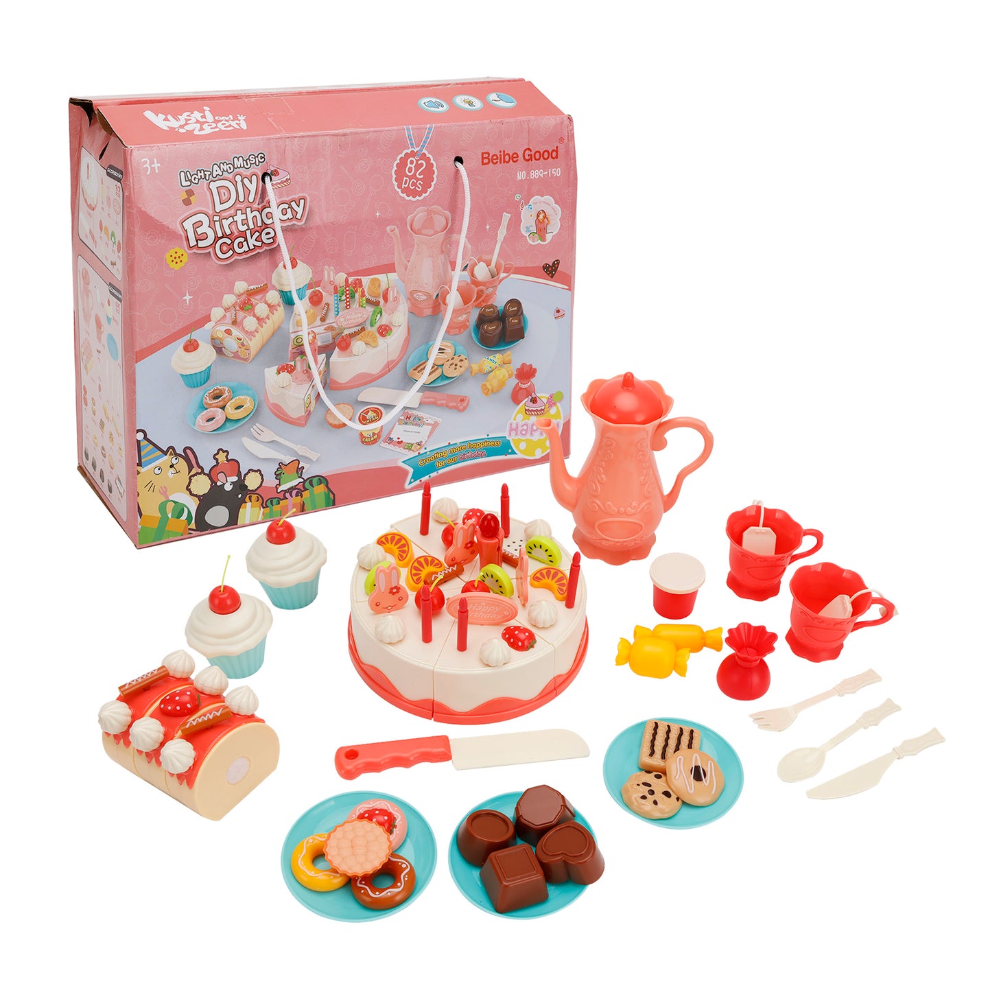 82 Pieces Birthday Cake Toy Play Food Set Plastic Kitchen Cutting Pretend Toys