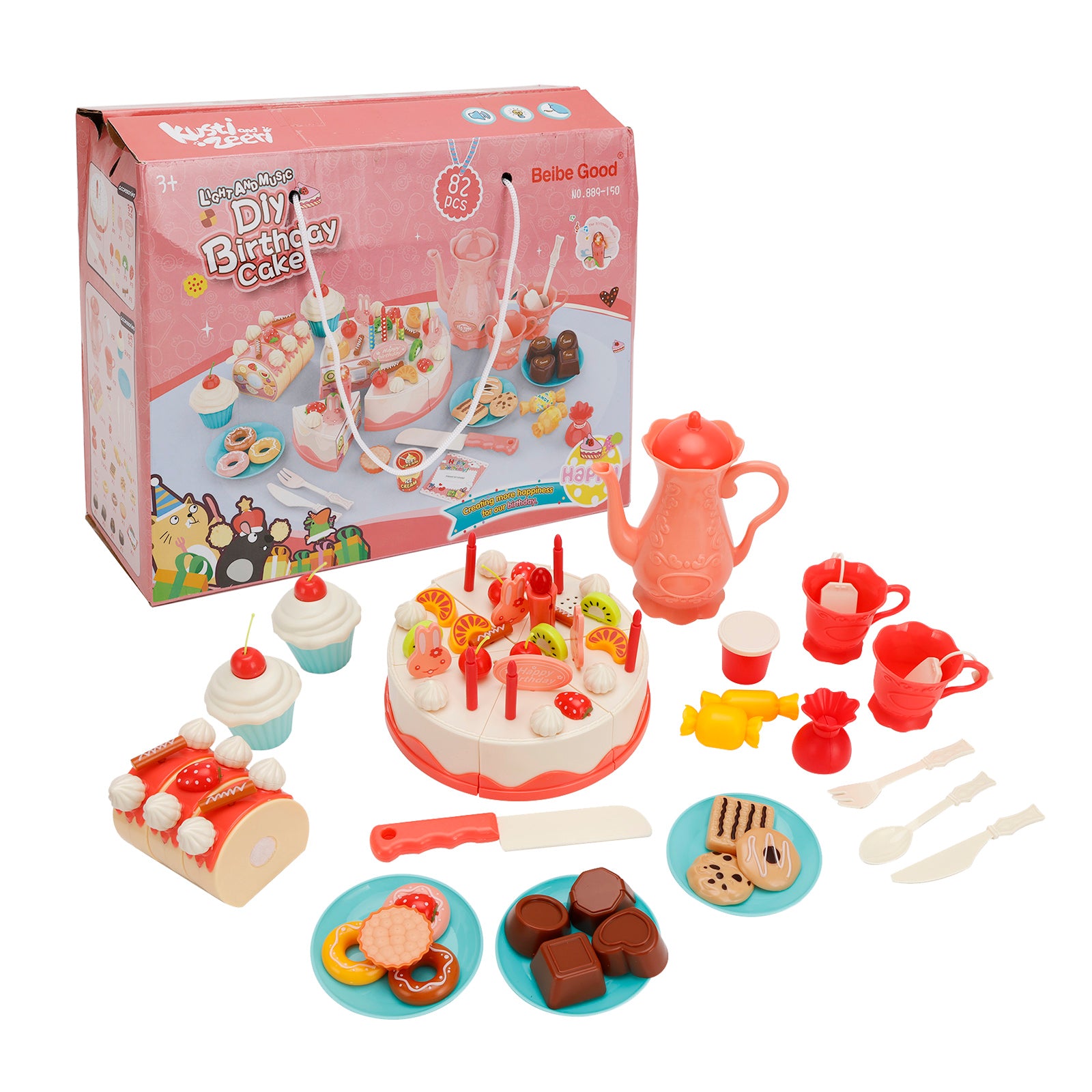 82 Pieces Birthday Cake Toy Play Food Set Plastic Kitchen Cutting Pretend Toys
