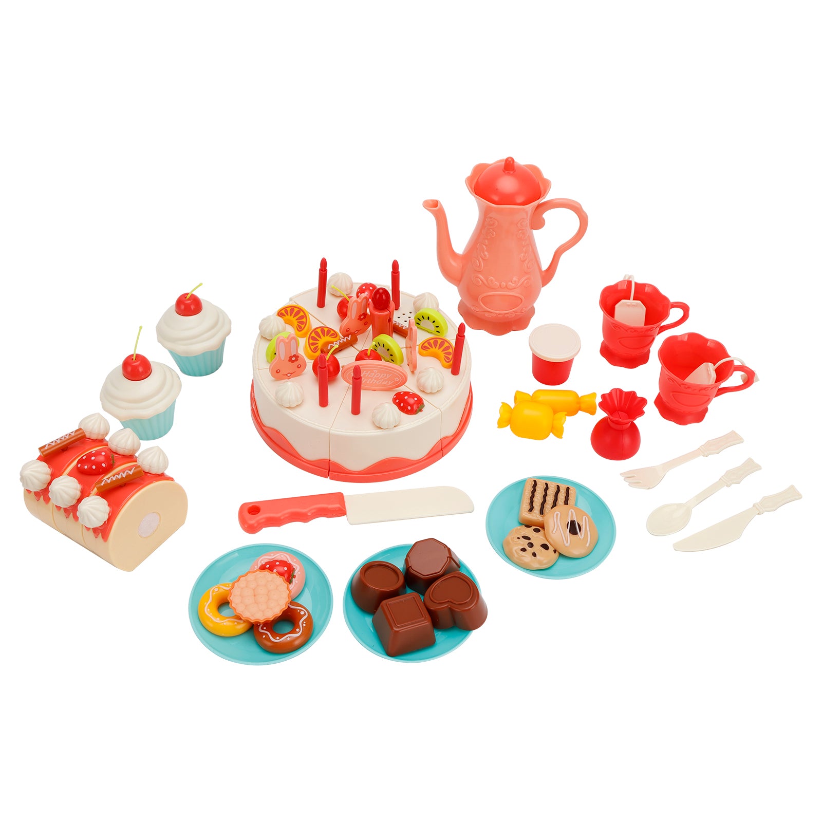 82 Pieces Birthday Cake Toy Play Food Set Plastic Kitchen Cutting Pretend Toys