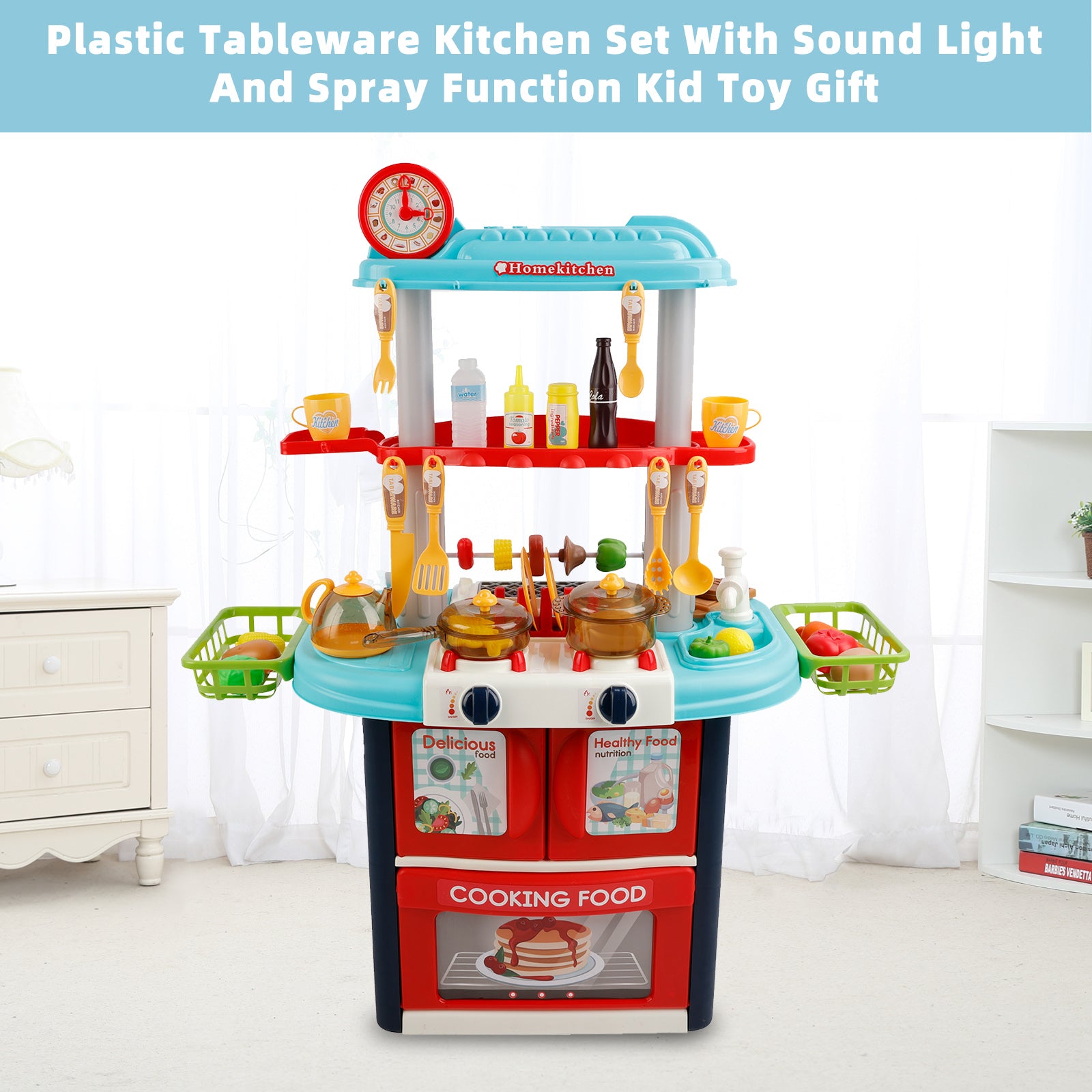 Plastic Tableware Kitchen Set With Sound, Light And Spray Function Kid Toy Blue