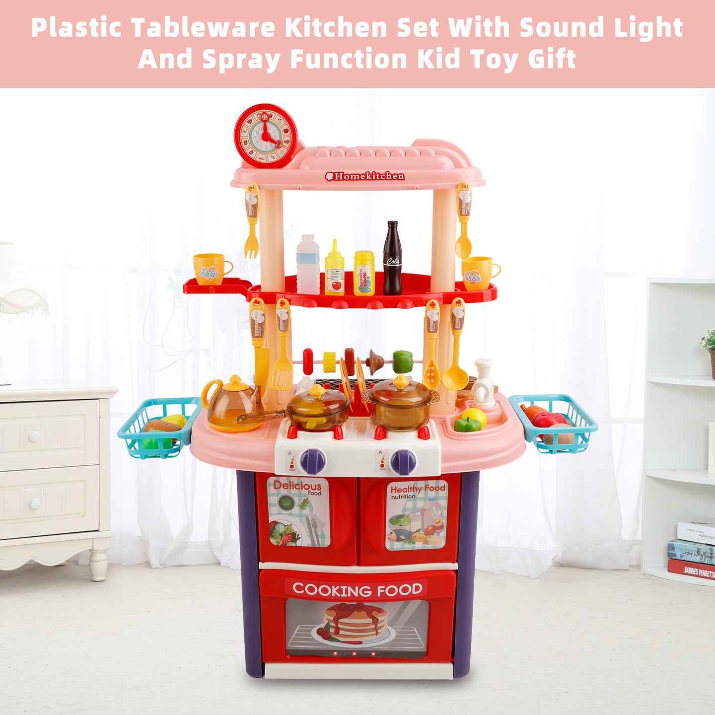 Plastic Tableware Kitchen Set With Sound, Light And Spray Function Kid Toy Pink