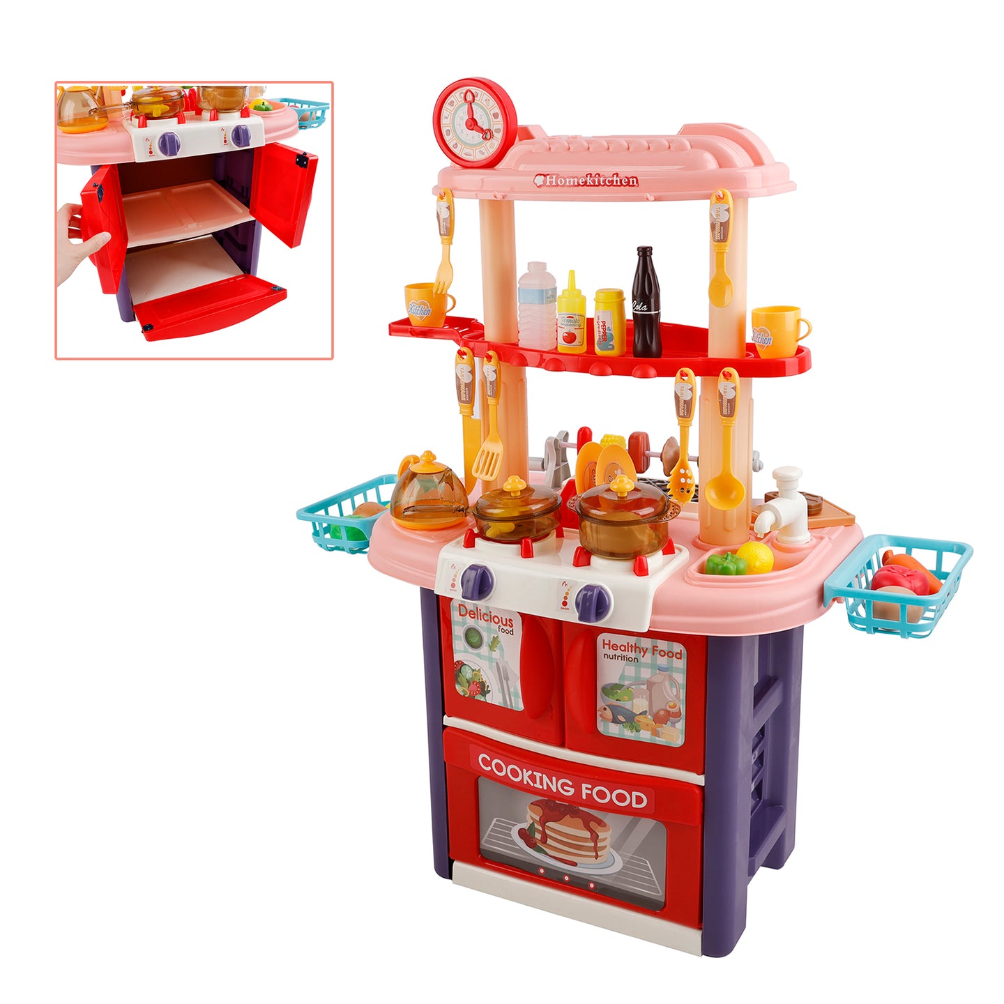 Plastic Tableware Kitchen Set With Sound, Light And Spray Function Kid Toy Pink